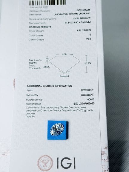 DIAMANTE cultivado en laboratorio de 3,56 quilates