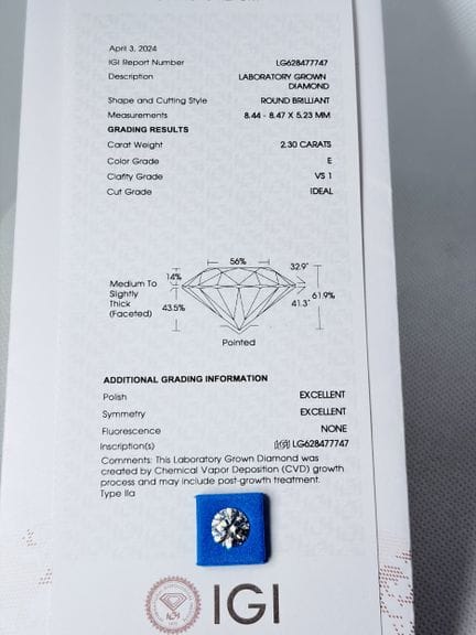 DIAMANTE cultivado en laboratorio de 2,30 quilates