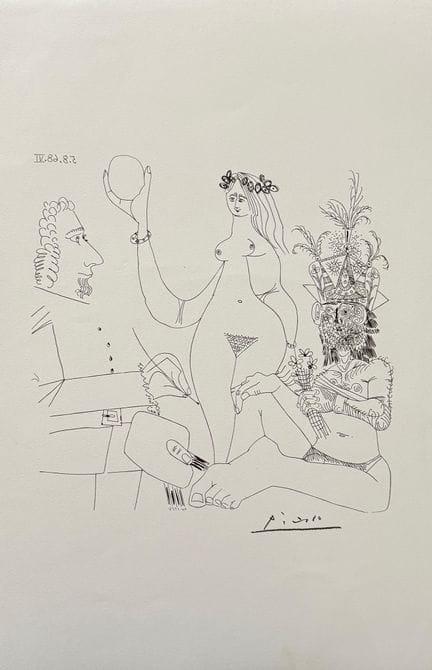 （据）巴勃罗·毕加索（1881—1973）
《画家面对《三美神》》，1968年
石版画，右下角石版上