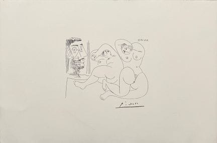 （据）巴勃罗·毕加索（1881—1973）
《两个肥胖的裸体女人和一个偷窥者》
石版画，右下角刻有签