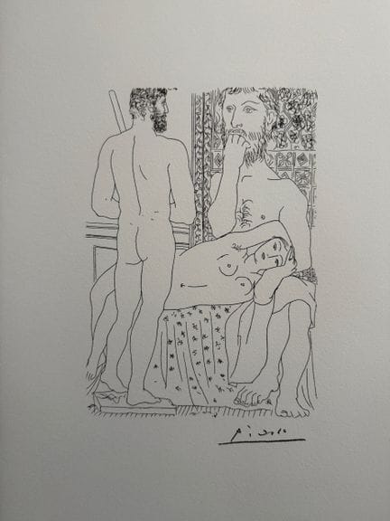 （据）巴勃罗·毕加索（1881—1973）
雕塑家，《卧姿模特》与《赫拉克勒斯自画像》
石版画，右下