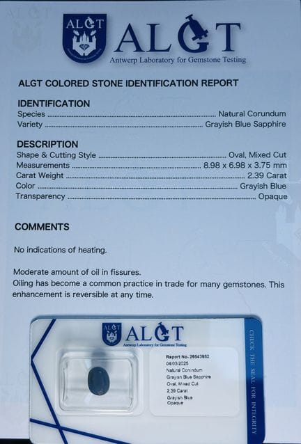 2.39-carat SAPPHIRE, certificate of authenticity; 