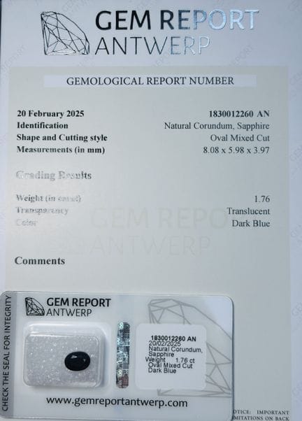 1.76克拉蓝宝石，附带保证证书，该证书是商品描述的组成部分。我们可以按以下包干费为您寄送货物：40