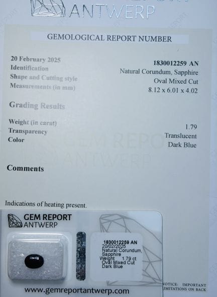 1.79克拉蓝宝石，附带保证证书，该证书是商品描述的组成部分。我们可以按以下包干费为您寄送货物：40
