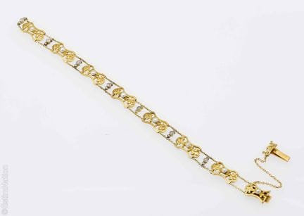PULSERA DE ORO AMARILLO Y ORO GRIS, DIAMANTES Y PE