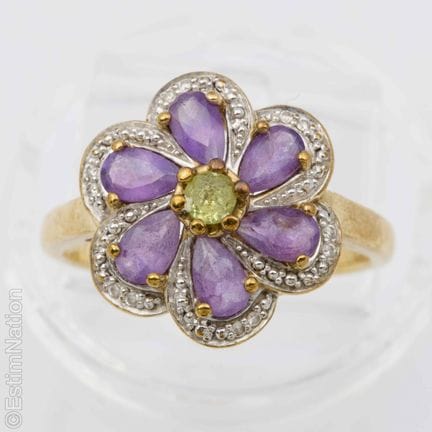 MATY - BAGUE EN OR 9K, AMÉTHYSTE, DIAMANTS ET PIER