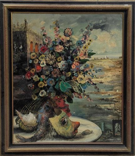 让·卡洛杰罗（1922-2001）
《花束与面具》
布面油画
右下角签名。
75 x 60 
来源：