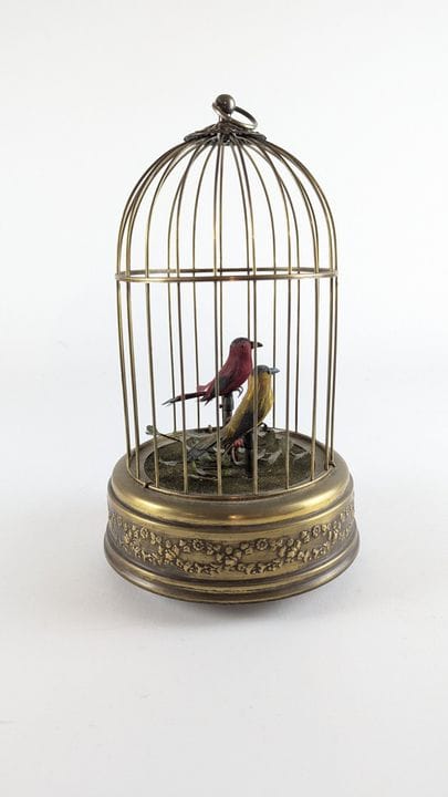 SMALL CAGE WITH TWO SINGING BIRDS—mechanical, made