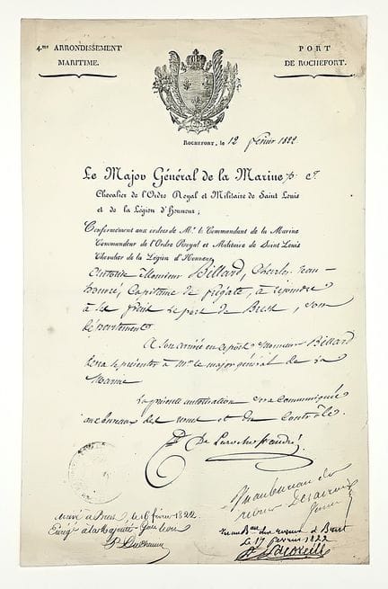 滨海夏朗德省。罗切港，1822 年 2 月 12 日。该文件由海军少将 LA ROCHE SAINT