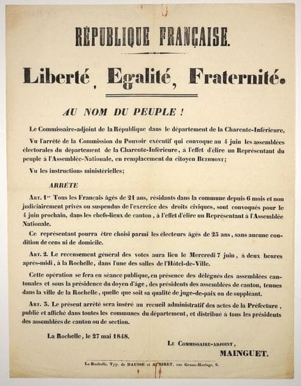 滨海夏朗德省拉罗谢尔，1848 年 5 月 27 日。副专员马英盖（MAINGUET）下令于6月4日