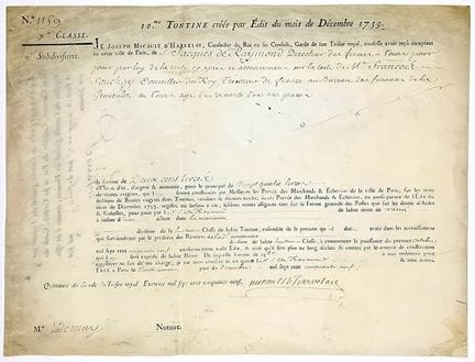 FINANCE. TONTINE. Document signed by Joseph MICAUL
