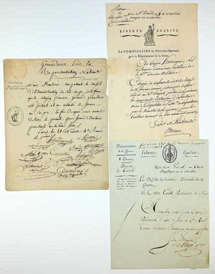 DIRECTOIRE. 3 Pièces : « GRENADIERS PRÈS LA REPRÉS