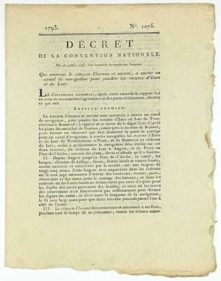 EURE-ET-LOIR. 1793. CANAL. Décret de la Convention