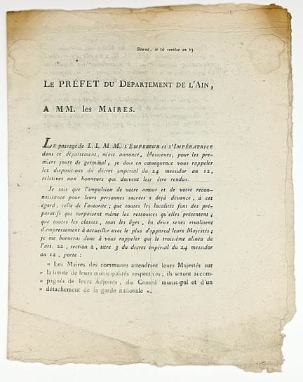 AIN. Circulaire de BOSSI Le Préfet de l’AIN, à Bou