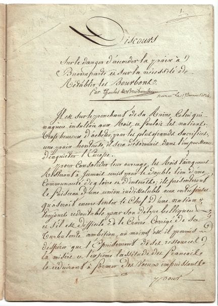 法国战役。南锡（54），1814年3月15日 起诉书 亲笔签名：查尔斯·德·布里尚博，盟军参谋长元帅