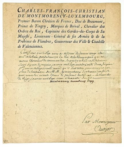 MONTMORENCY-LUXEMBOURG-TINGRY. Certificate signed 