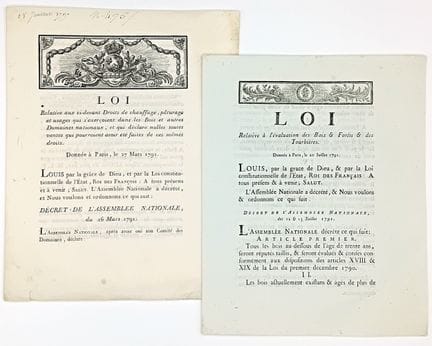 BOIS et FORÊT. RÉVOLUTION. 2 Imprimés : « Loi rela