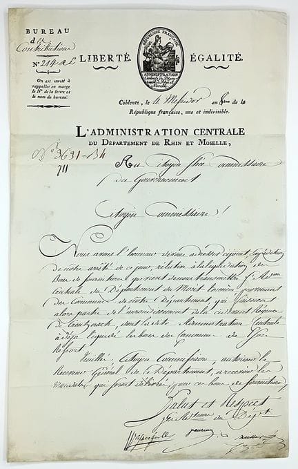 Régence de KREUZNACH. Lettre signée de l’administr