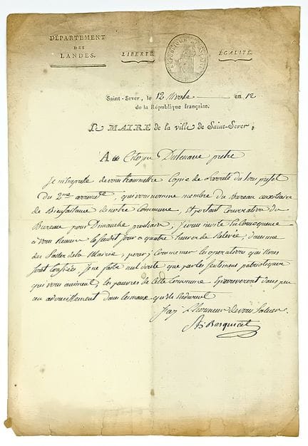 LANDES. Lettre signée Alexis de BASQUIAT, le Maire