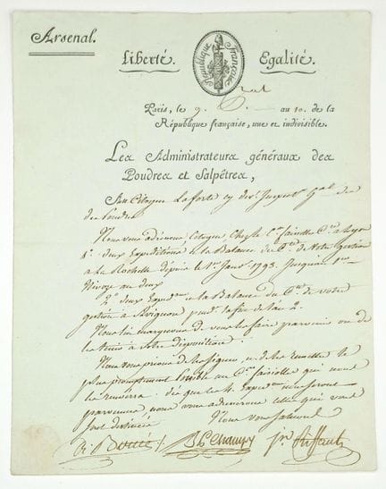 POUDRES ET SALPÈTRES – Lettre signée A. BOTTÉE, J.