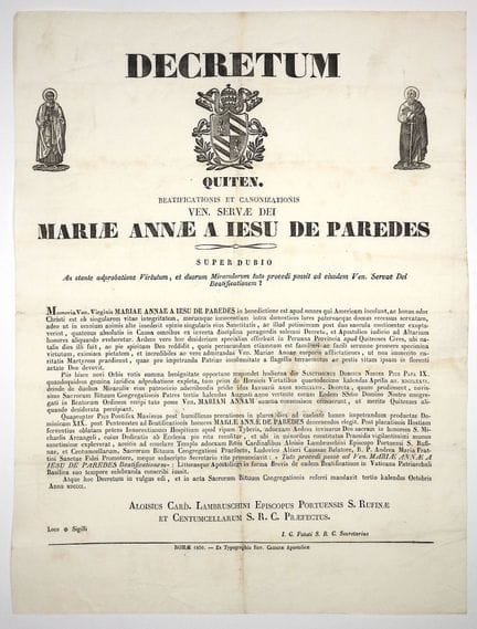 (SAINTE MARIE-ANNE DE PAREDES) ROME 1850 - Décret 