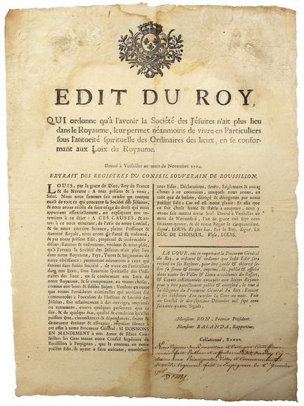 SOCIETY OF JESUS. 1764. ROUSSILLON. “Royal Edict o