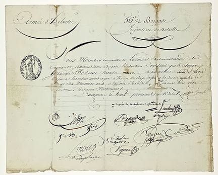 SUISSE. ARMÉE D’HELVÉTIE. Certificat signée par le
