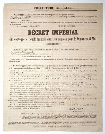 AUDE. Plébiscite de 1870 pour NAPOLÉON III. « Décr