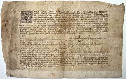 LILLE (Nord). 1756. TITLE OF RENT from the City of
