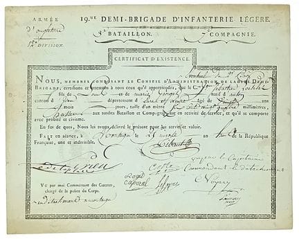 ARMÉE D’ANGLETERRE. Pièce signée des membres du 19