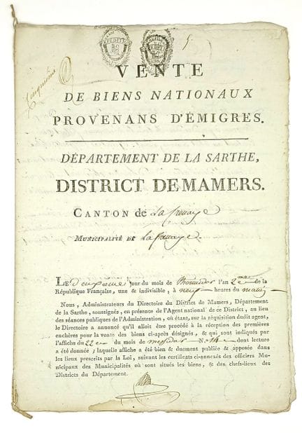 SARTHE. LA FRENAYE. “Vente de BIENS NATIONAUX prov