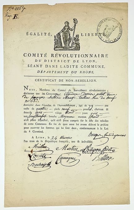 LYON, Rhône. Certificat de NON-RÉBELLION. Pièce si