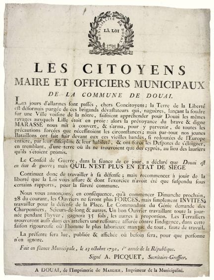NORD. 1792. DOUAI. « Les Citoyens Maire et Officie