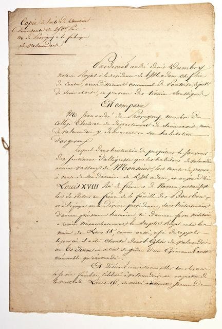 瓦尔德瓦兹省。1814年。德·普罗维尼先生向瓦尔蒙多瓦（95）教区捐赠250法郎年金的赠与契约同期副