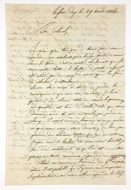 阿尔及利亚战役。1840年8月29日，一名军官致其上校胡森-德伊（HUSSEN-DEY）的一封优美友