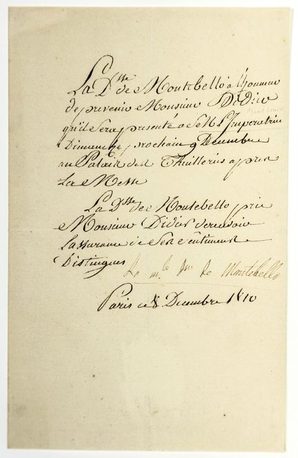 Billet signé « La Maréchale LANNES, Duchesse de MO
