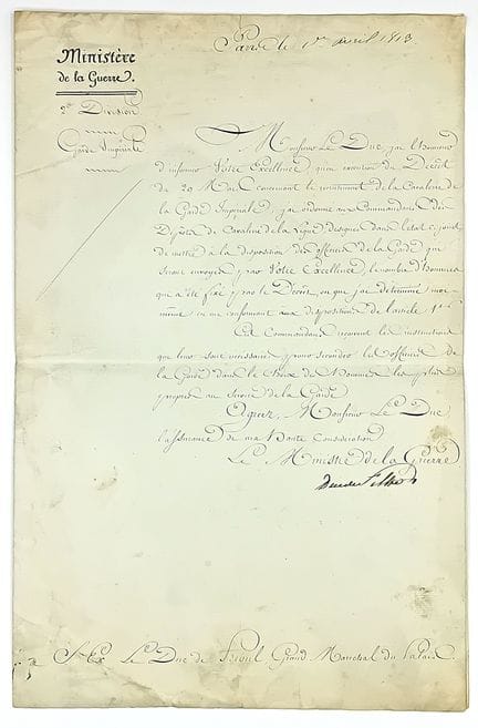 CAVALERIE DE LA GARDE IMPÉRIALE. Lettre Signée “Du