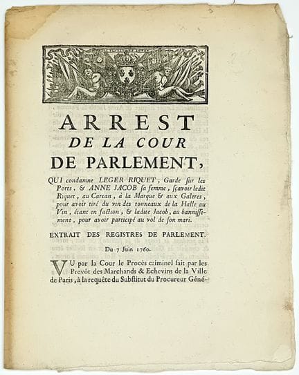 PARIS. WINE. CARCAN, MARQUE, GALLEY. “Ruling of th