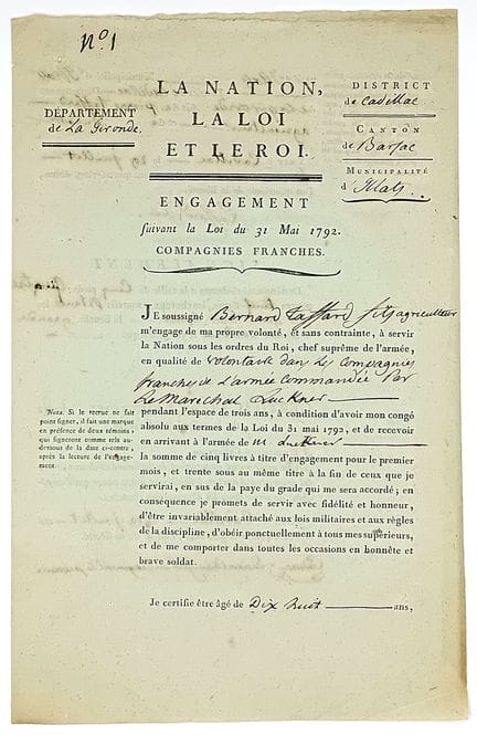 GIRONDE. Feuille d’Engagement dans les COMPAGNIES 