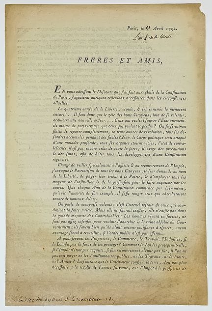 AMIS DE LA CONSTITUTION. Lettre circulaire imprimé