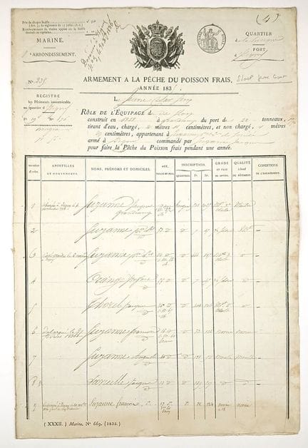 卡尔瓦多斯省。伊西尼-苏尔-梅尔港。1835年“年轻凯撒号”单桅帆船鲜鱼捕捞登记表。 该单桅帆船于1