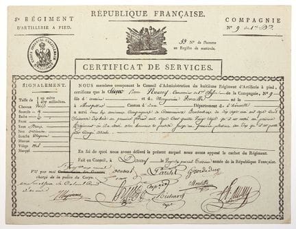 NORD. 8° RÉGIMENT D’ARTILLERIE À PIED. Certificat 