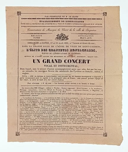 上加龙省1836 年 4 月 17 日和 18 日的节目单，在圣-高登市 Hôtel de Vill