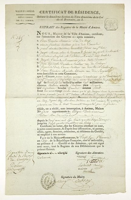 AMIENS (Somme). Certificat de Résidence pour le Ci