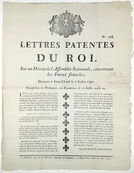 FREE FAIRS. 1790. “Letters Patent from the King, r