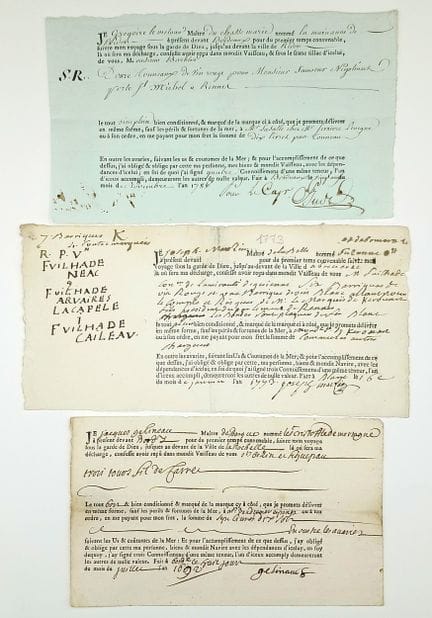 GIRONDE. MARINE. 3 Connaissements (1692-1773) ; BO