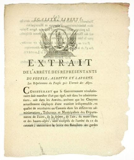 ARMÉE DES ALPES. “Extrait de l’Arrêté des Représen