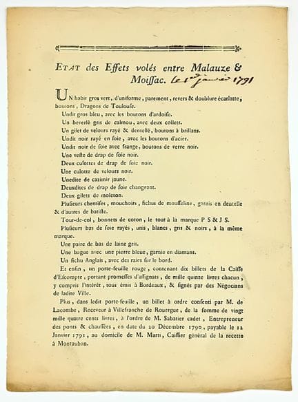 TARN ET GARONNE. « État des Effets volés entre MAL