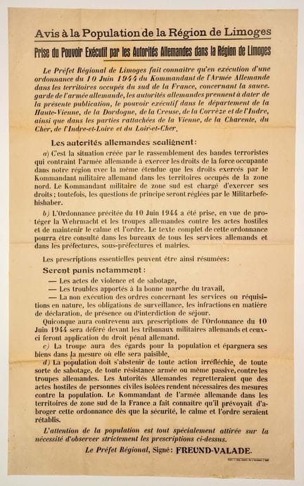 HAUTE-VIENNE. 1944. « Avis à la Population de la R