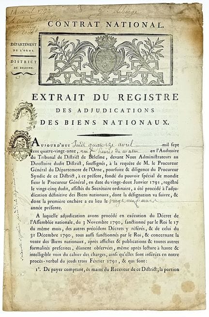 ORNE. 2 PIÈCES : Vente de BIENS NATIONAUX – Extrai